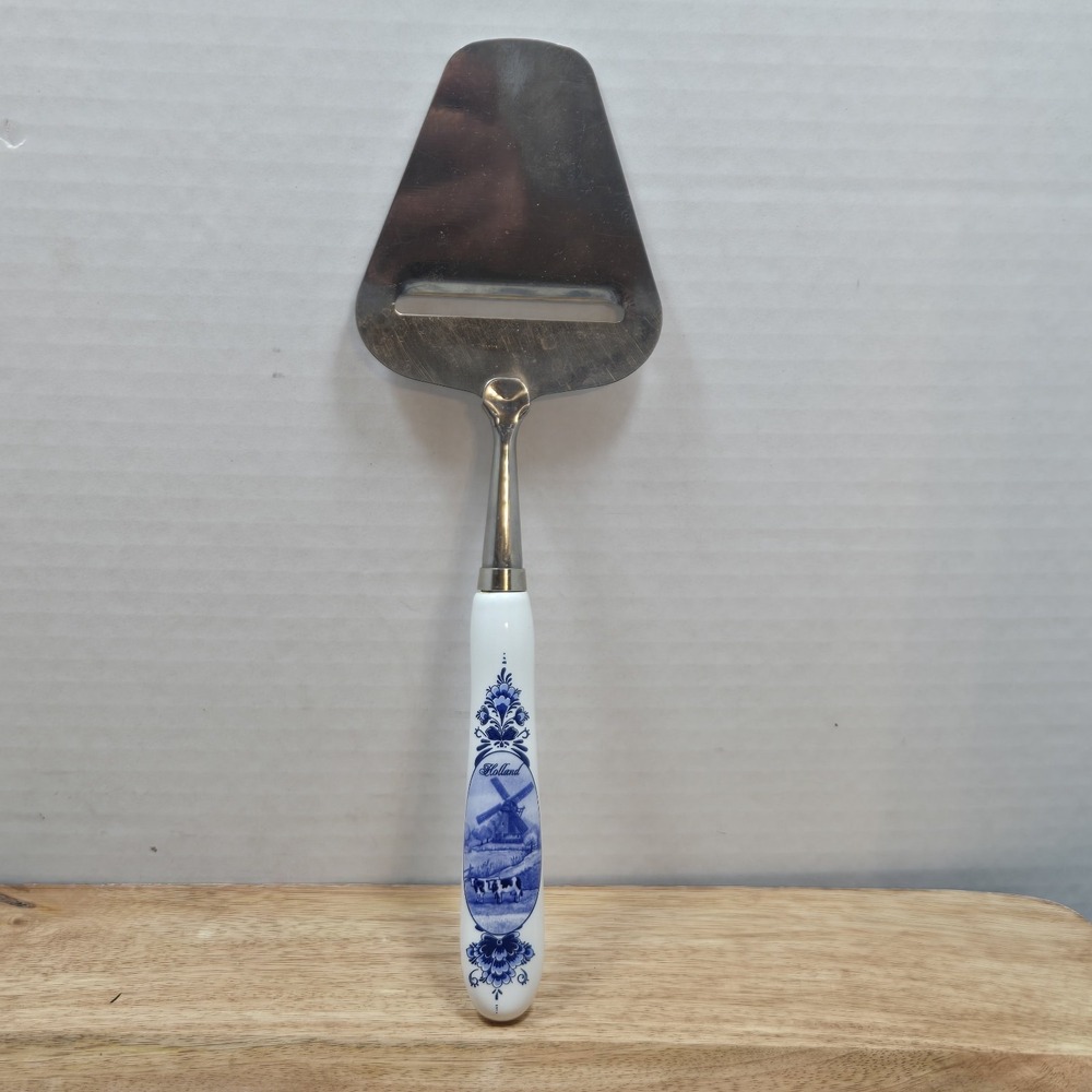 Vtg Delft Windmill Porcelain Handle Cheese Slicer Stainless Steel Holland